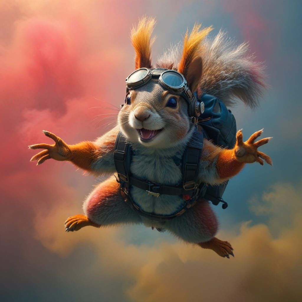 Surreal Steampunk Squirrel Dives into Vibrant Colored Mist