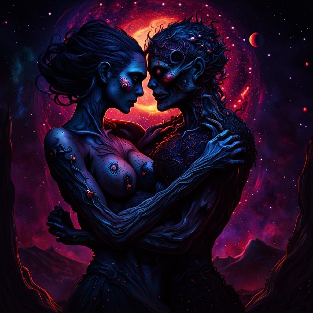 Zombie Lovers' Passionate Embrace: Detailed Matte Painting