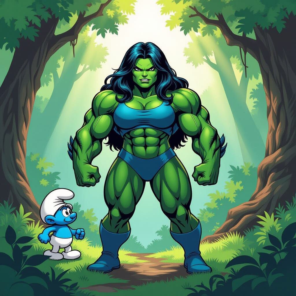 She-Hulk Smurf Hybrid in Forest Comic Art Style