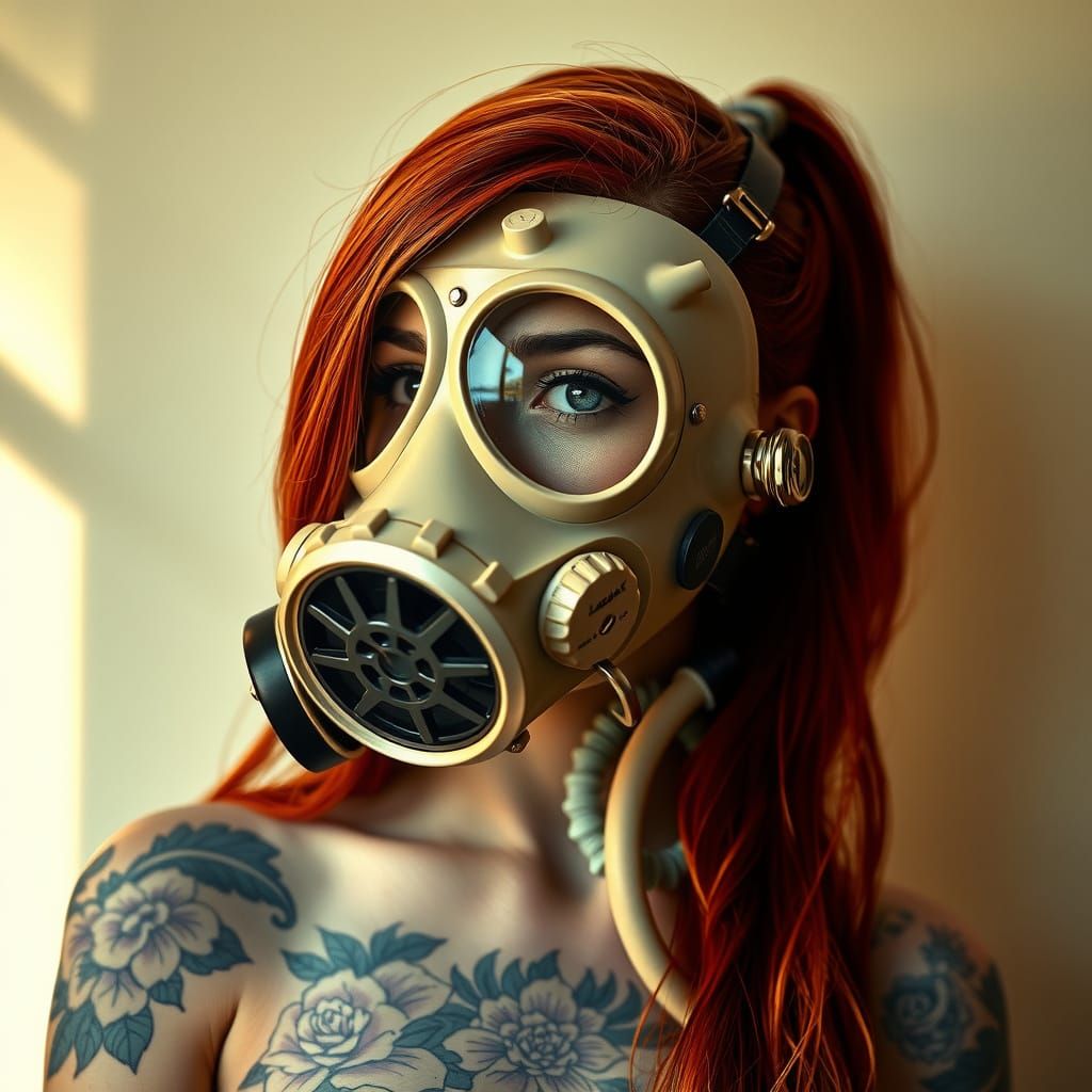 The composition showcases a woman adorned in a striking, intricately designed full face gas mask that diverges from trad...
