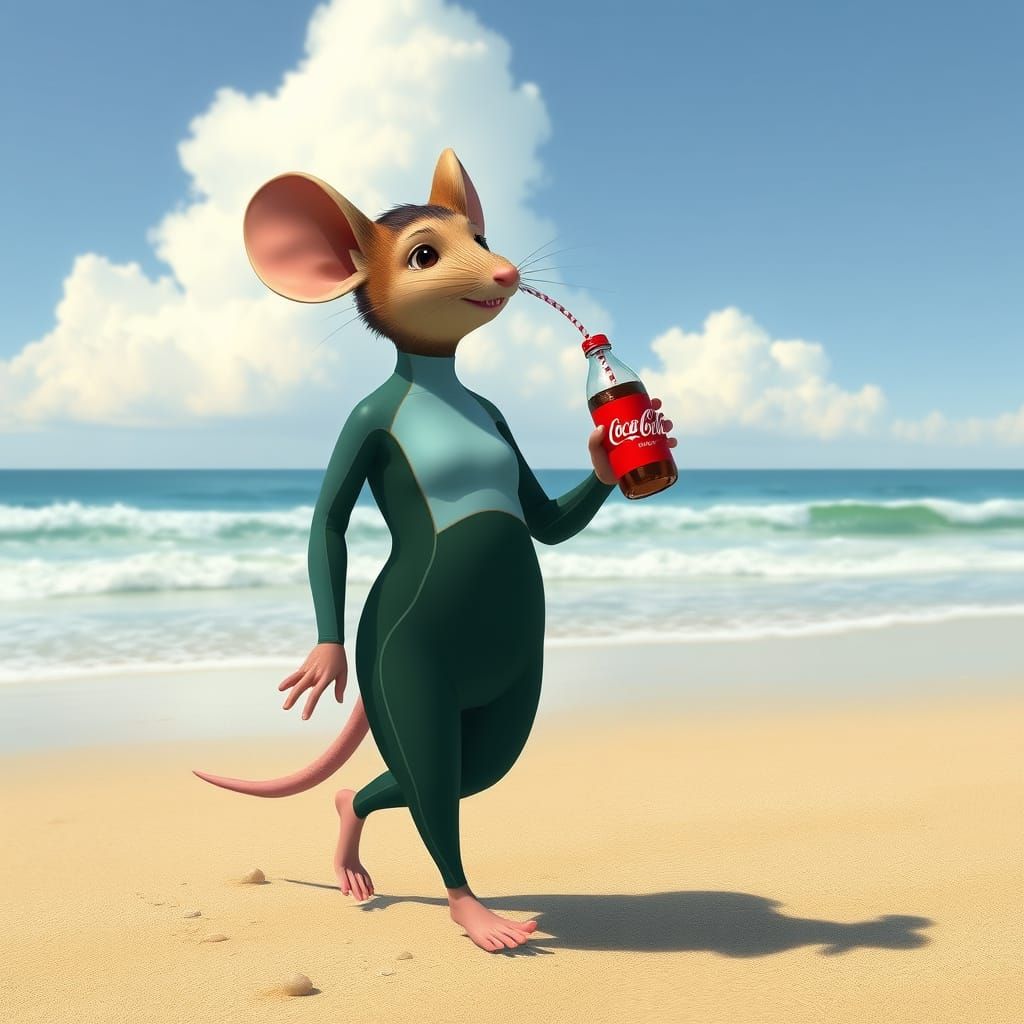 Mouse Humanoid on Beach with Cola, Digital Art
