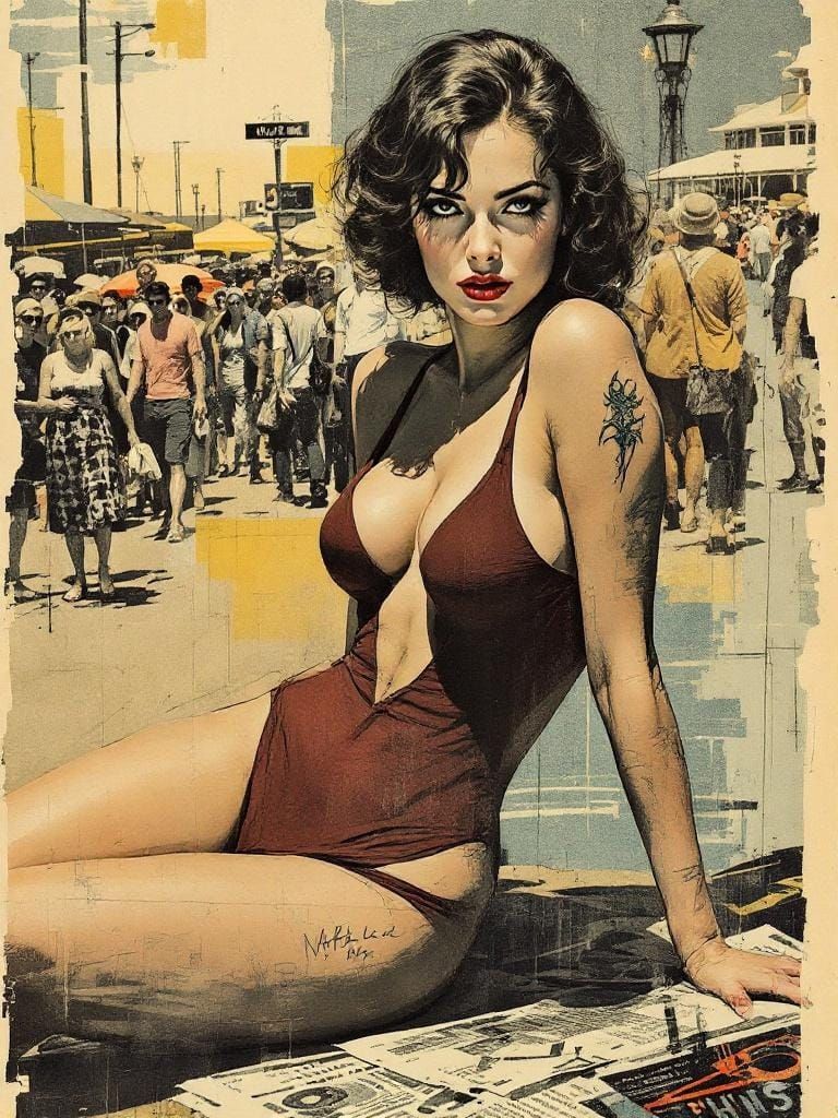 Vintage Pin-Up on Boardwalk in Newspaper Print Style