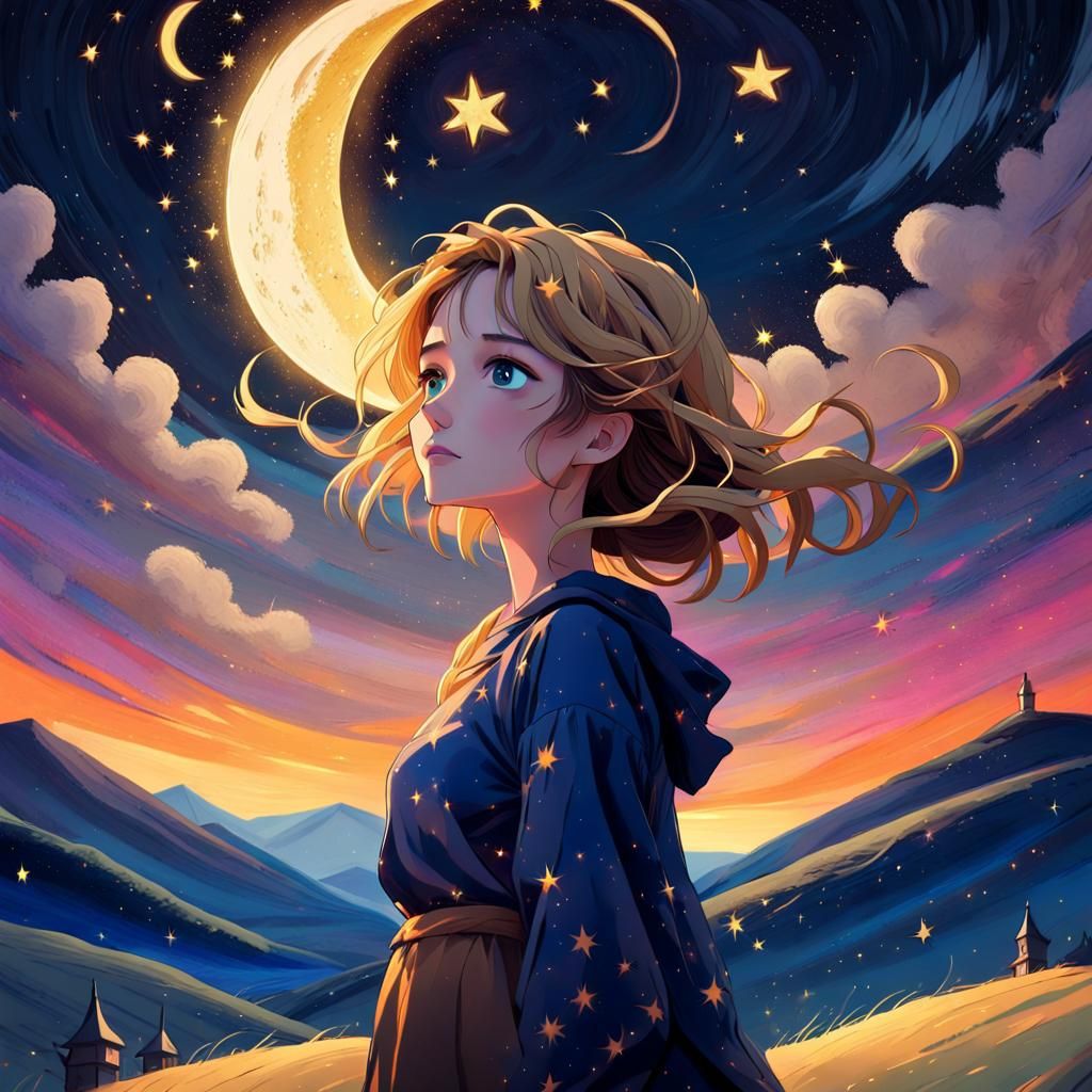 Anime-Style Starry Night with Woman on Hill