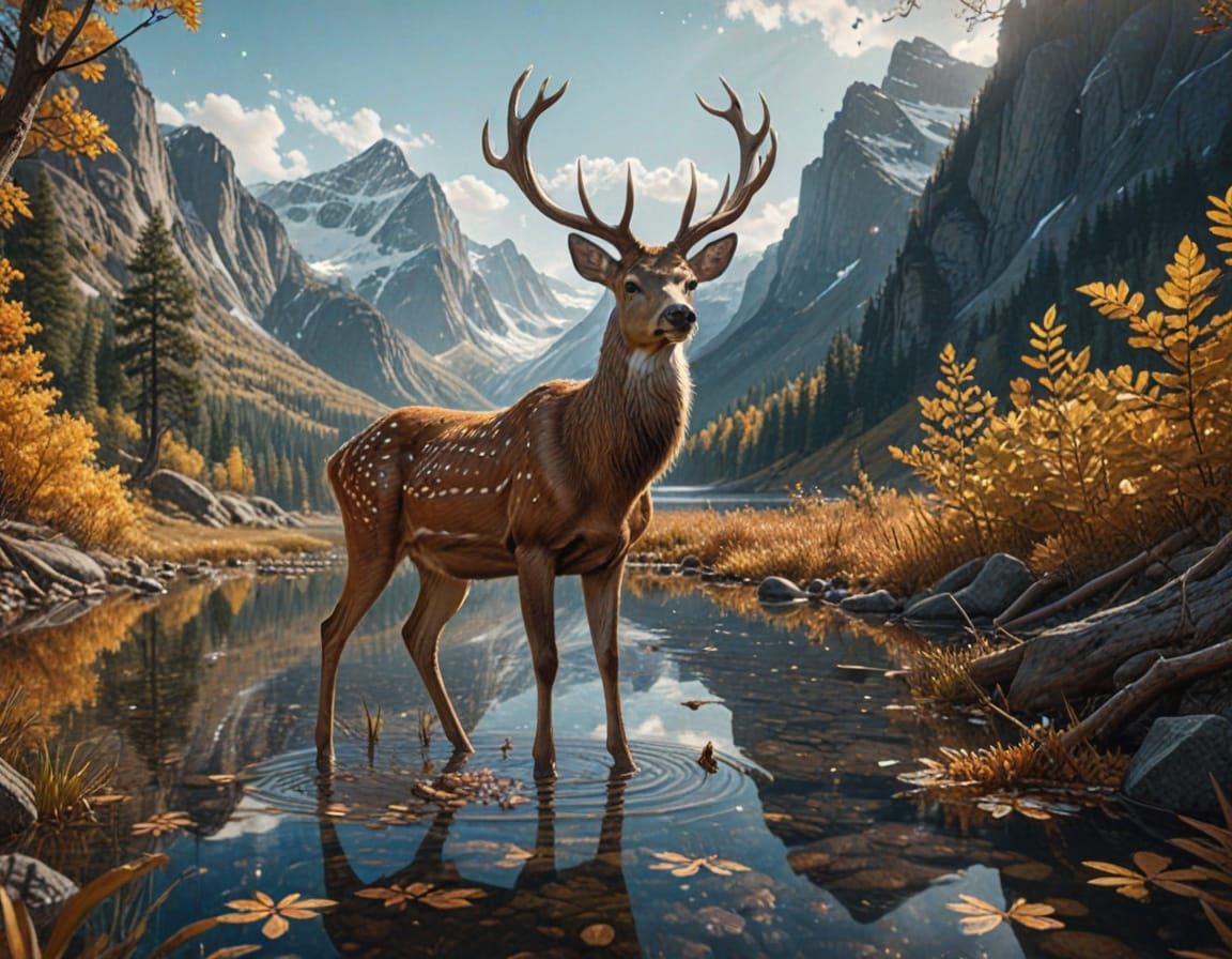 Mystical Deer in Golden Valley: Hyperrealistic Image