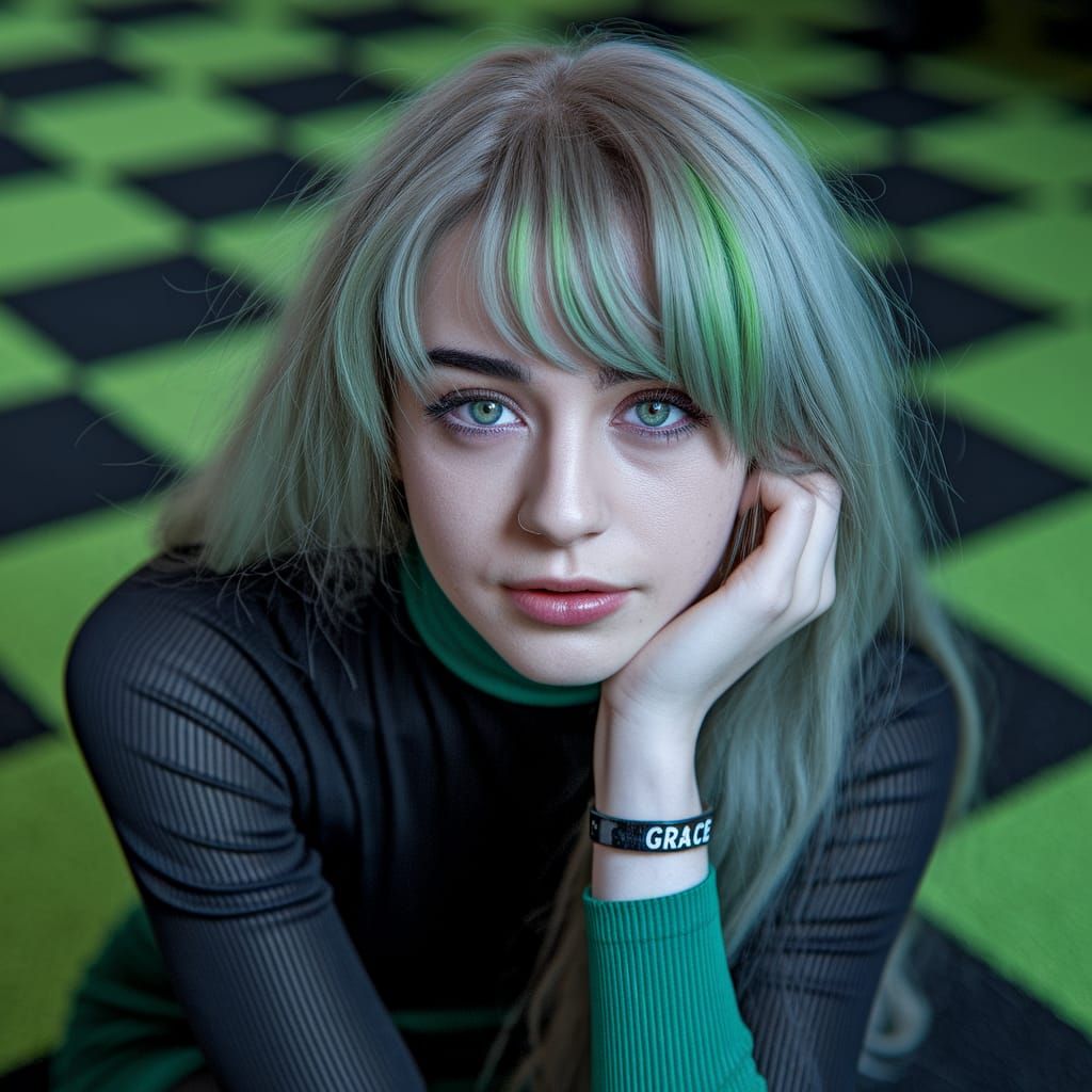 Emo Girl Portrait with Green Highlights, Professional Photo