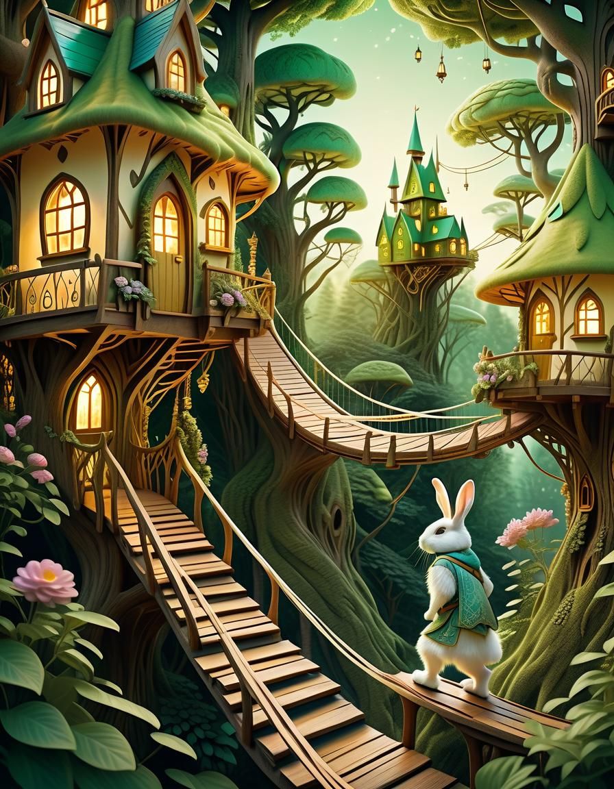 Elven Rabbit in Whimsical Treetop Village