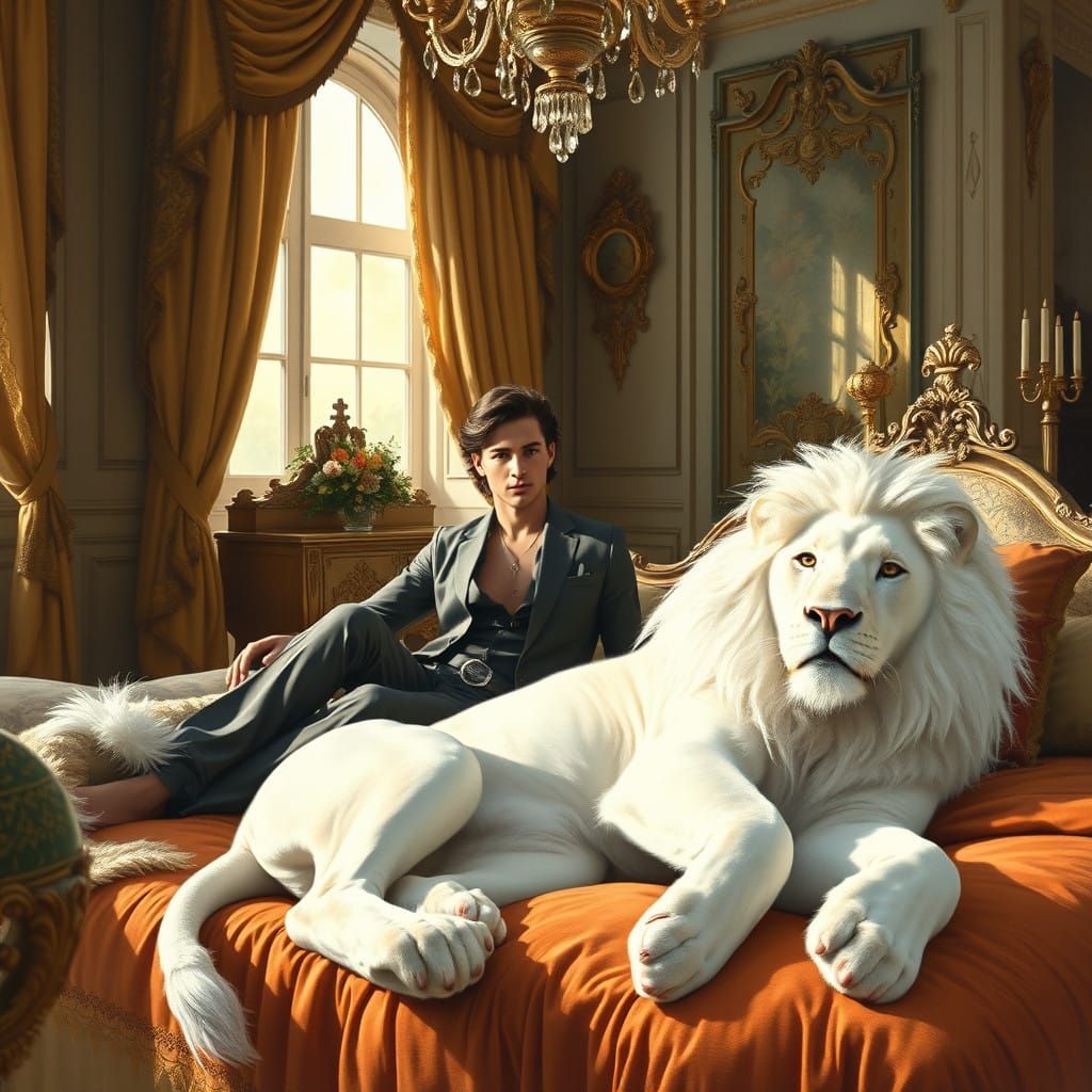 Young Nobleman Surrounded by Opulence with Gentle White Lion