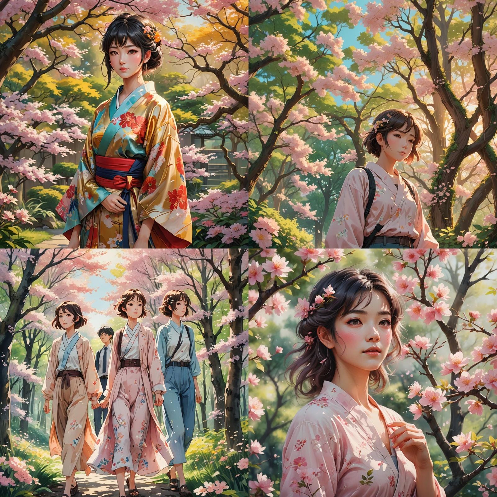 Anime Women Among Beautiful Blossoming Trees