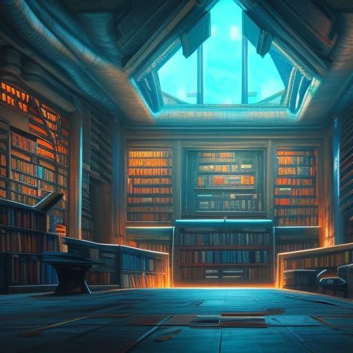 Cozy Cyberpunk Library with Coral Reef View