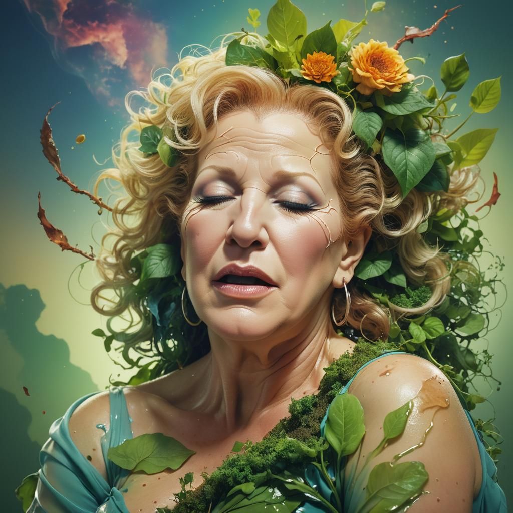 Double exposure Bette Midler as mother earth, nursing Giaha ...