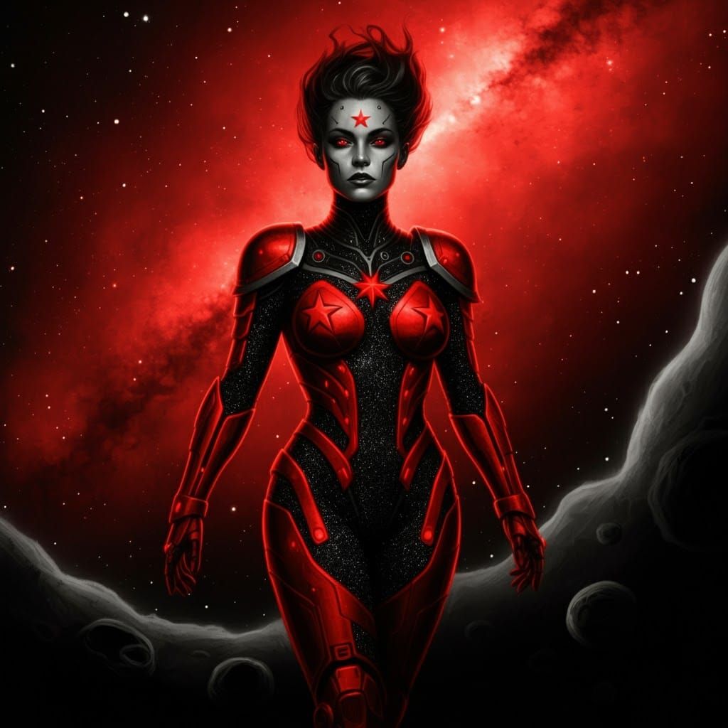 Woman in Futuristic Armor: Charcoal Illustration