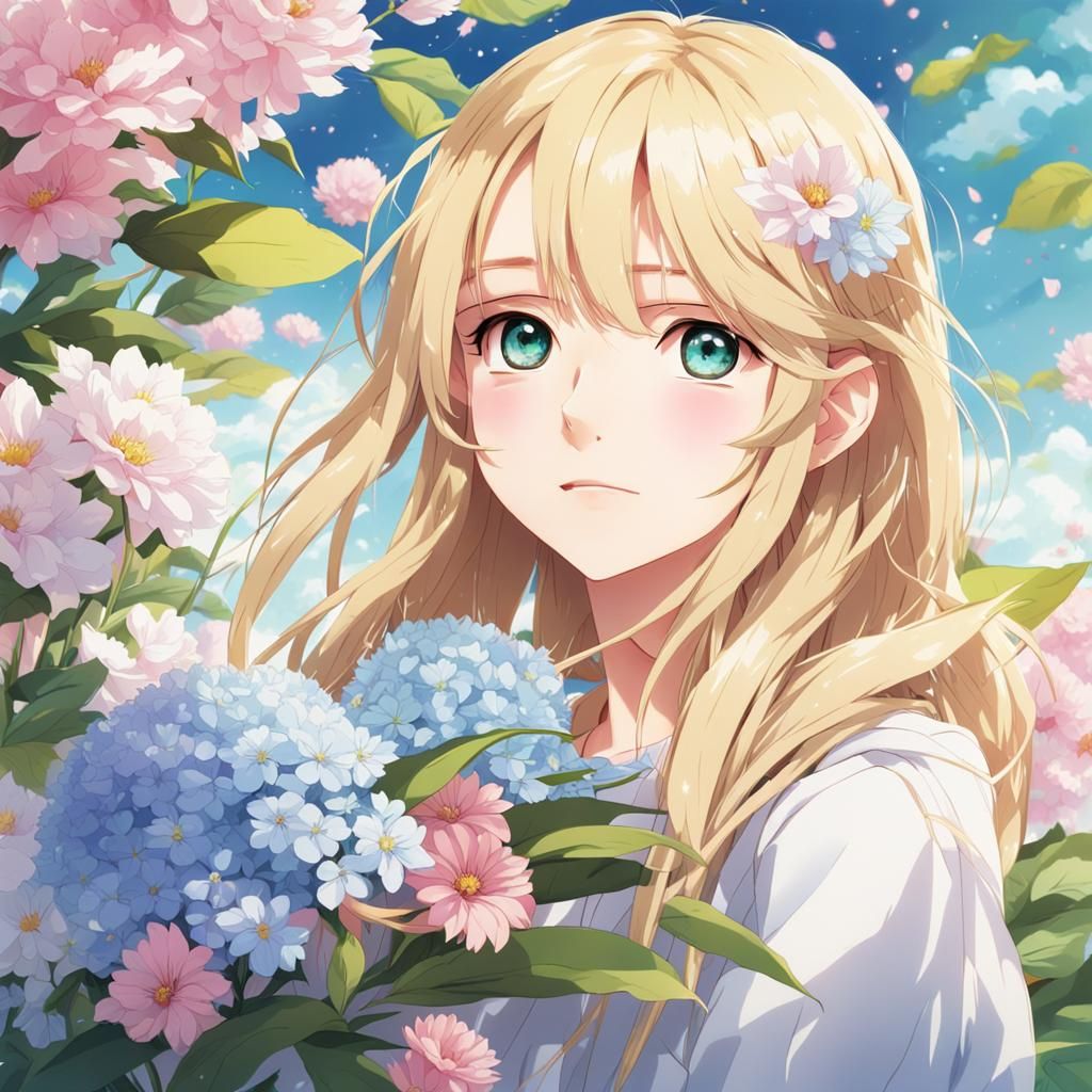 Anime Style Portrait of a Blond Woman in Garden