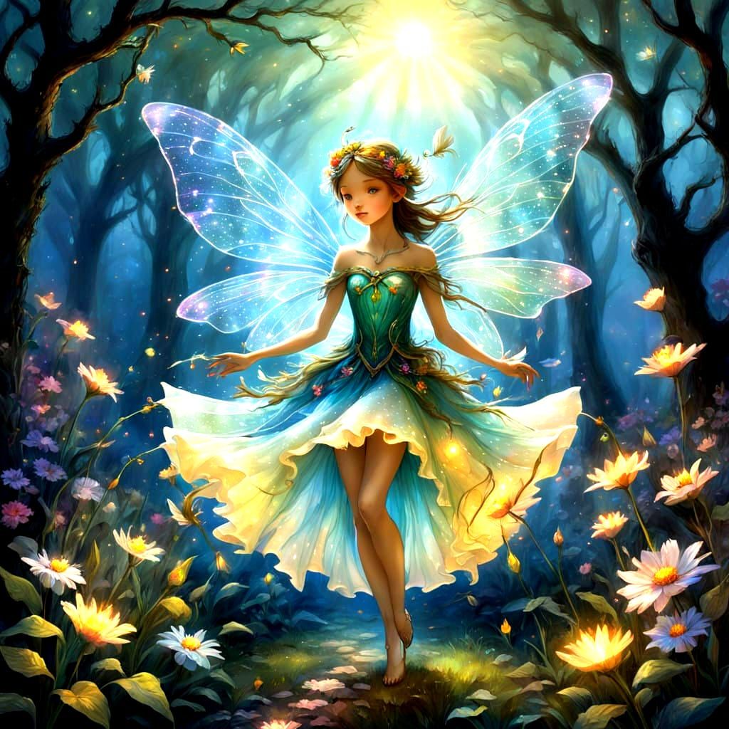 Ethereal Fairies Dancing in Radiant Garden Scene