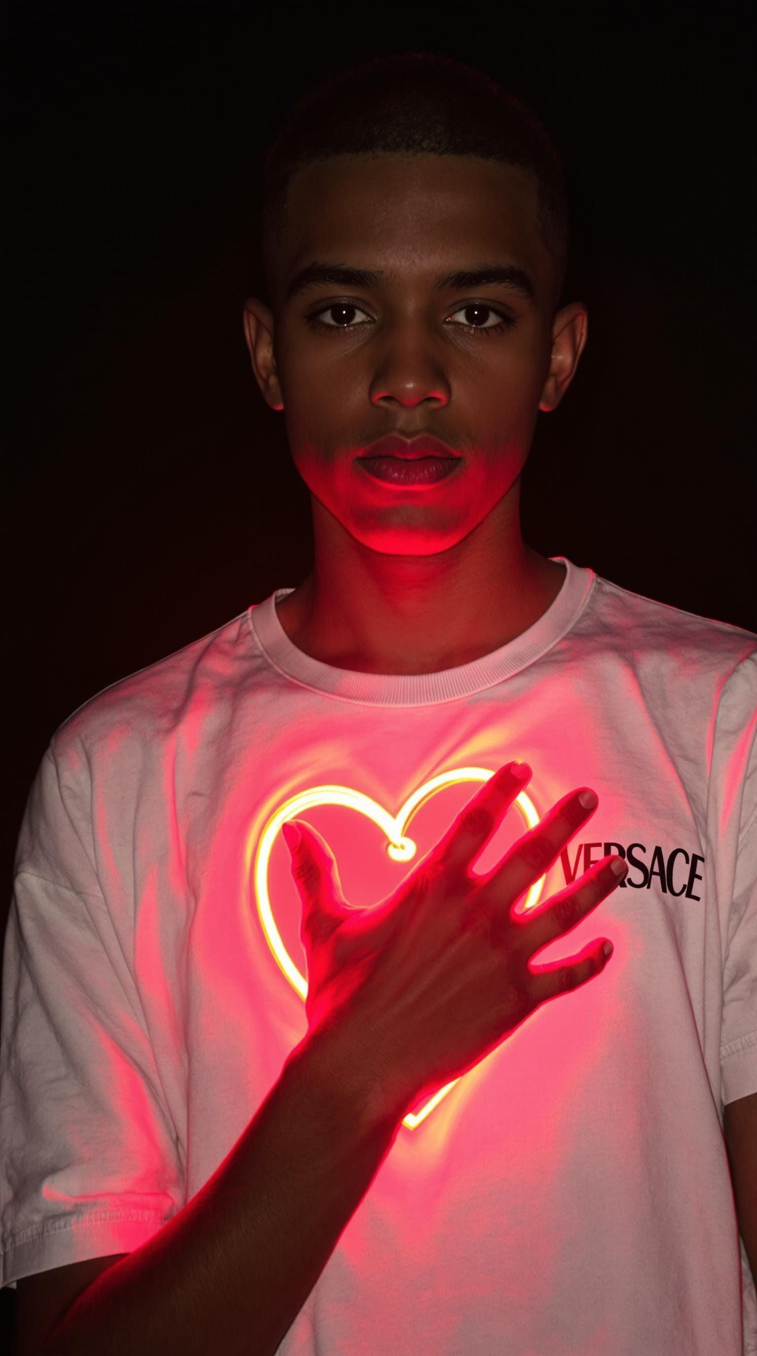 Teenage Boy Embracing Radiant Heartlight in Dark Surrounding...