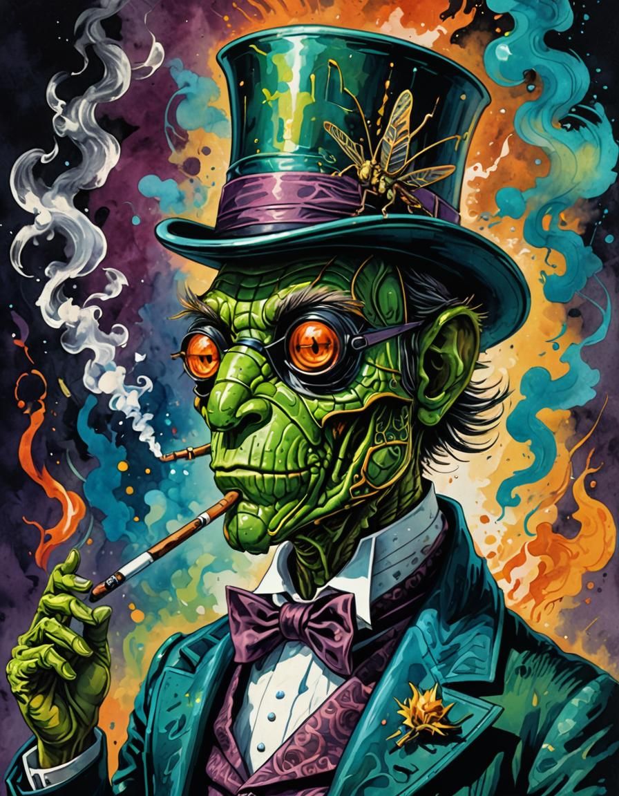 Grasshopper Gentleman Smoking Pipe in Gouache Style
