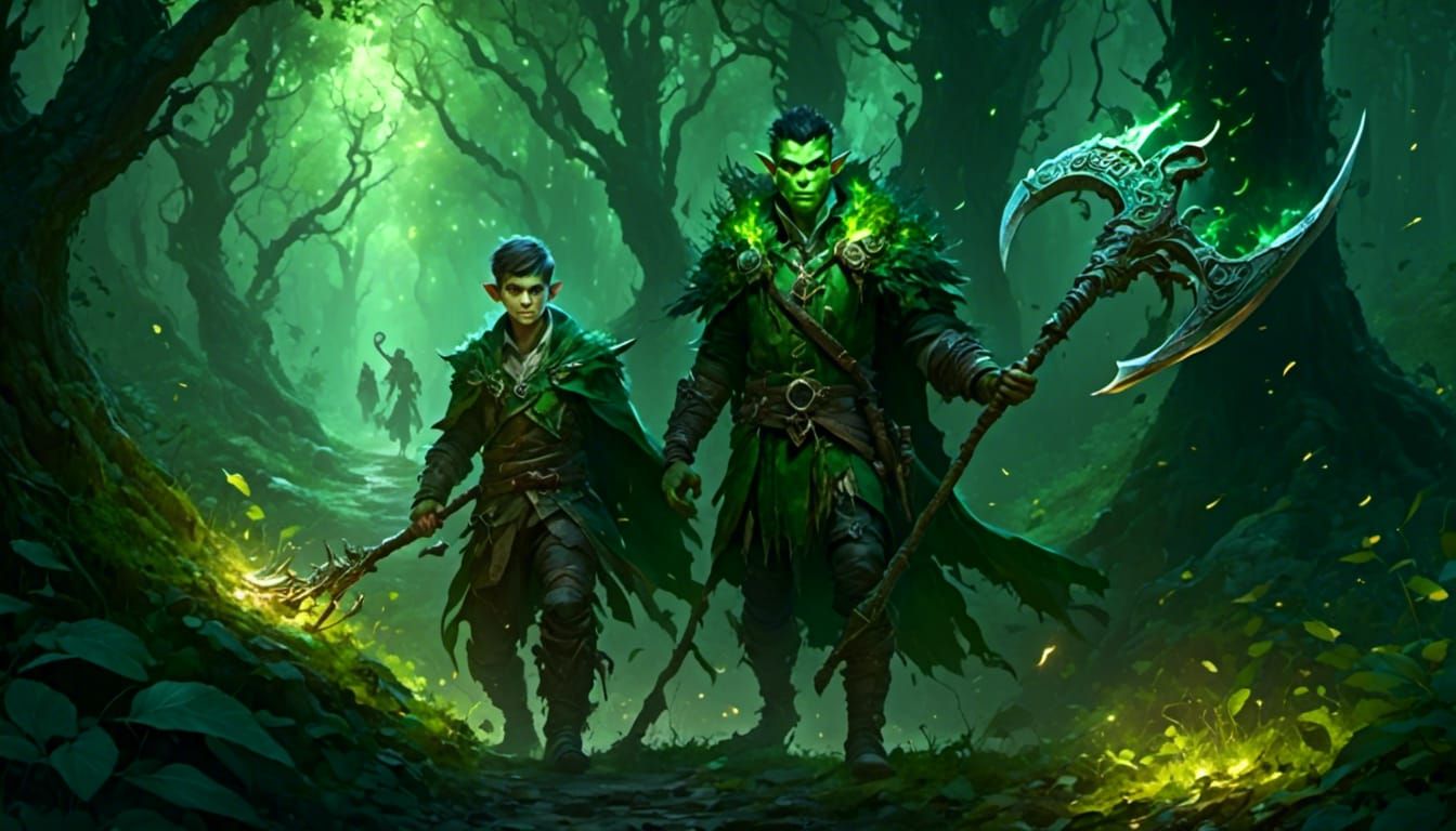Half-Elf Druid Casting Light Spell in Dark Forest