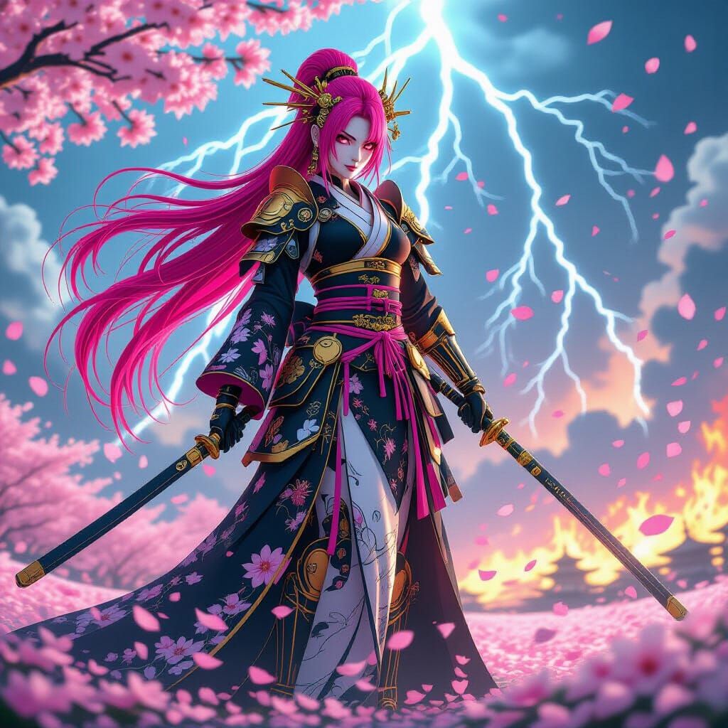 Cyborg Geisha Warrior on Battlefield in Anime Style