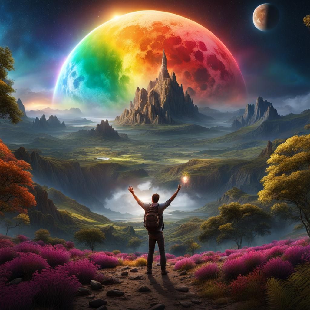 Rainbow Moon Descent: Joyful Fantasy Art