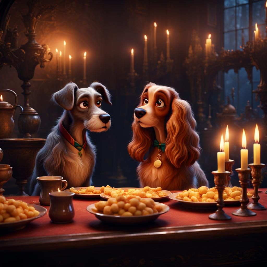 Romantic Canine Candlelight Dinner in Detailed Matte Paintin...