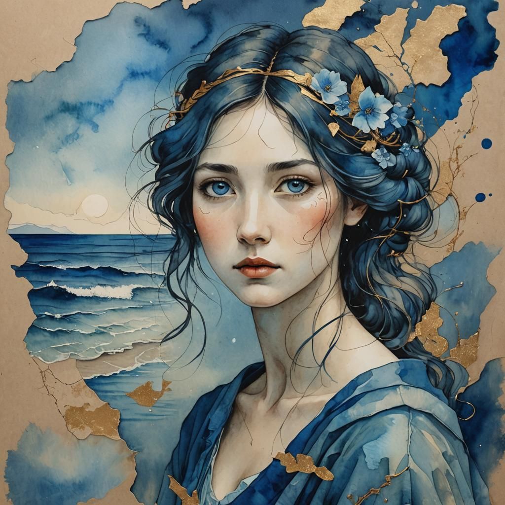 Blue-Eyed Writer Portrait on Sea Coast as Mixed Media Art