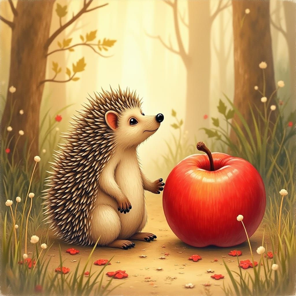 Hedgehog and Red Apple in Watercolor Forest