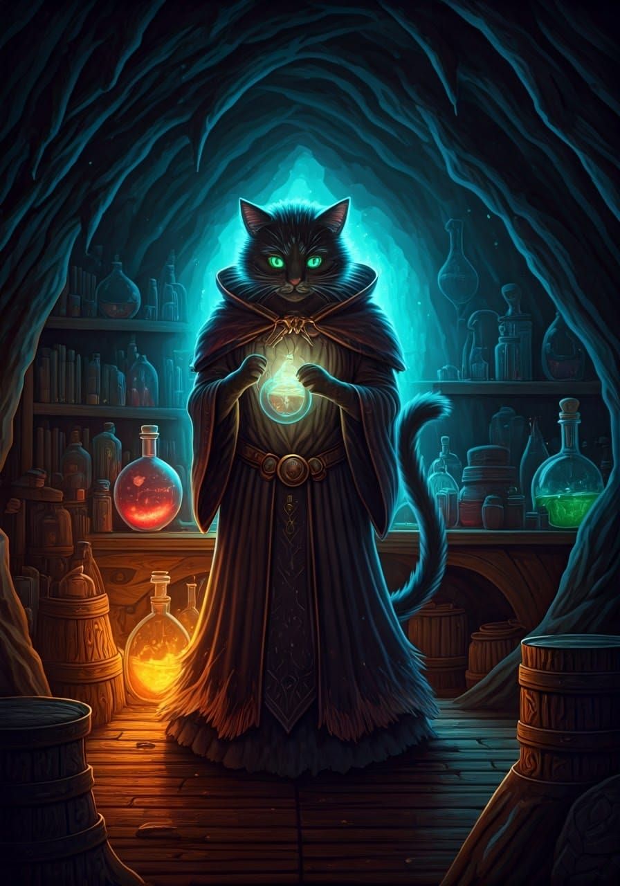Enchanting Cat Sorceress in Fantasy Apothecary