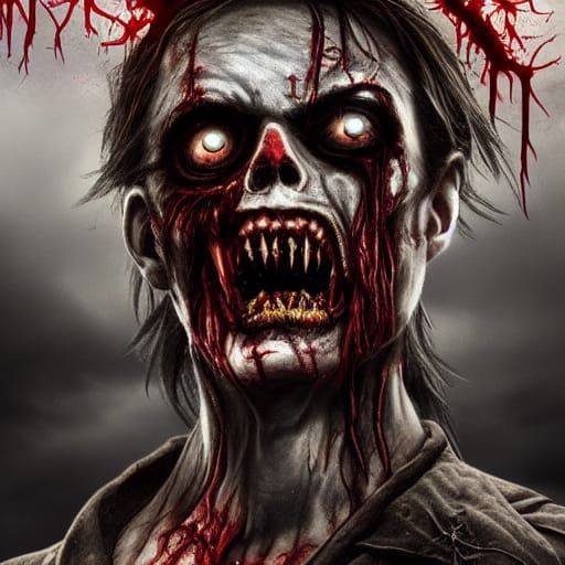 Terrifying Zombie with Sickle in Bloody Halloween Scene