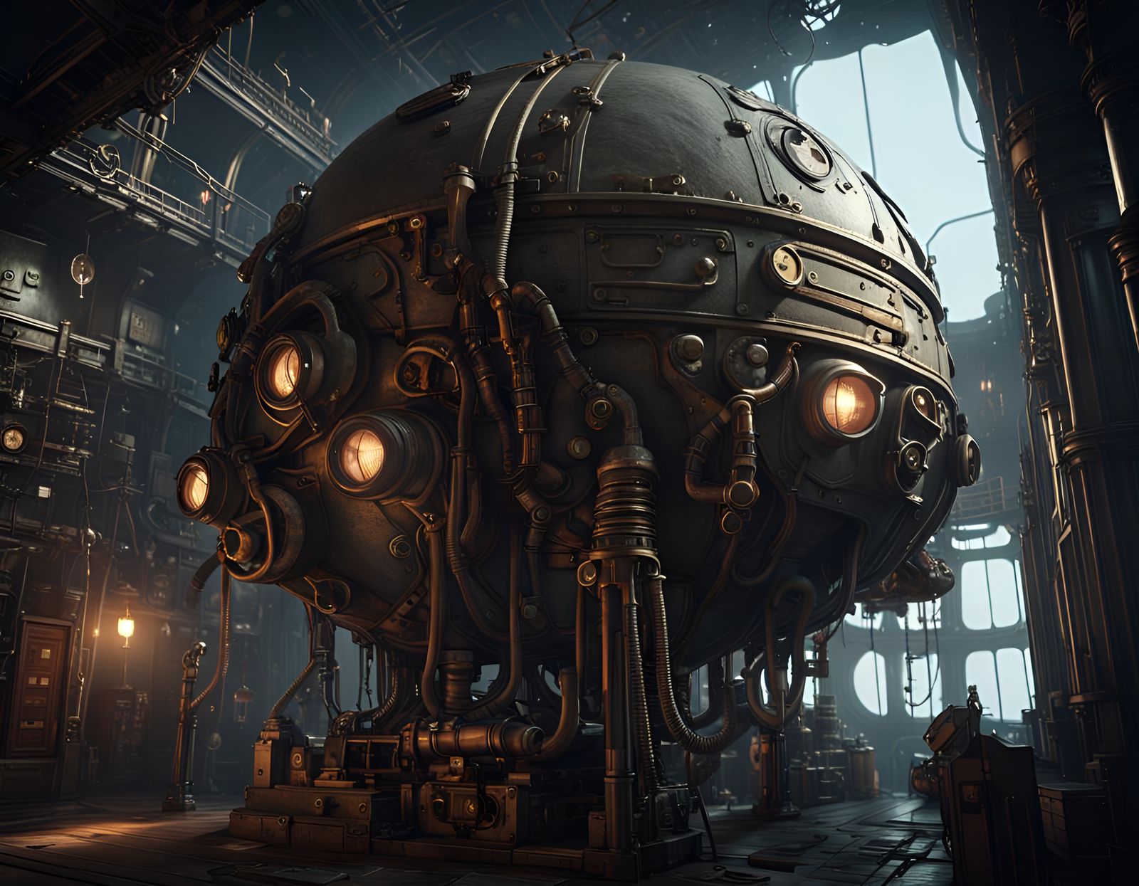 Steampunk Spaceship Attacked by Cthulhu in Orbit