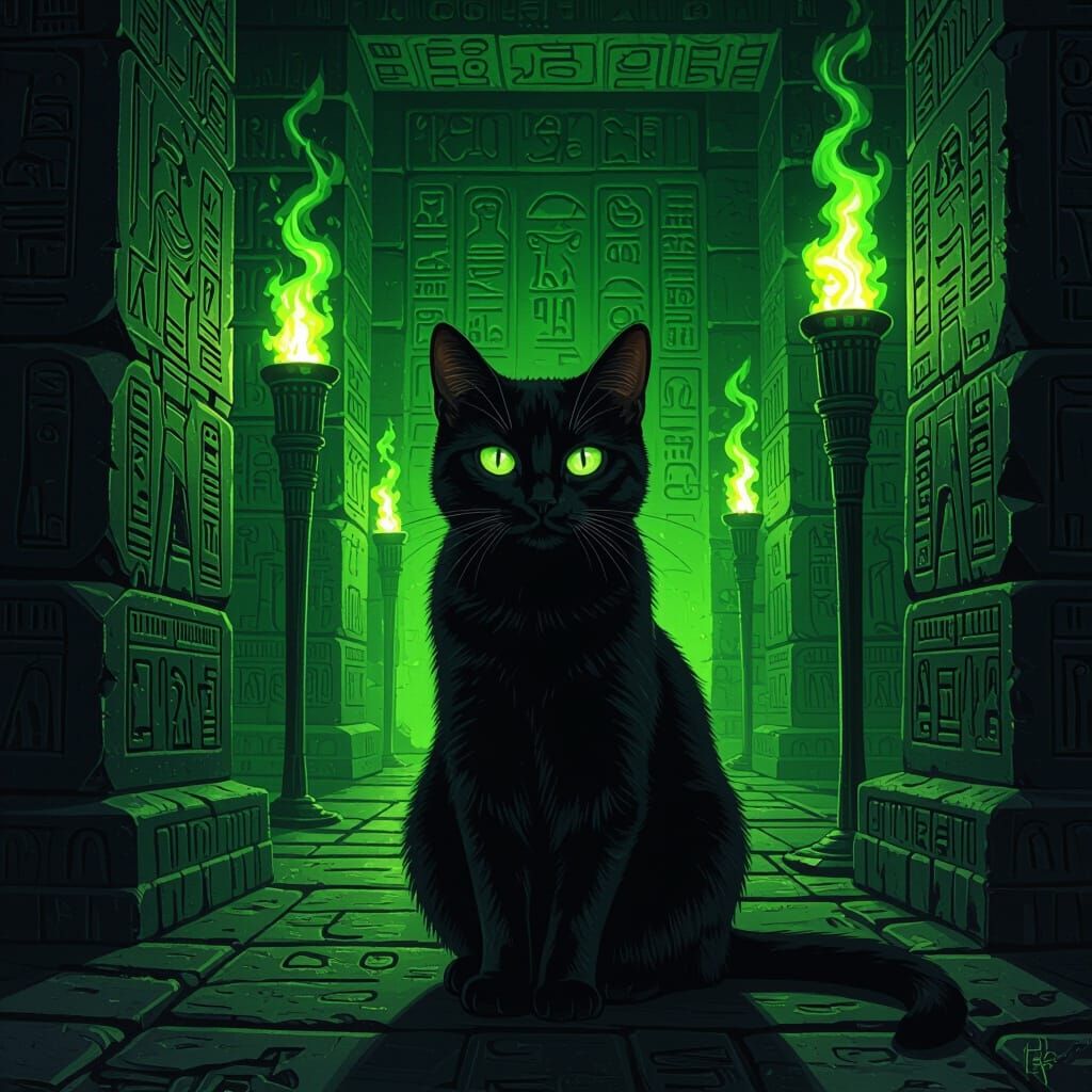 Black Cat in Ancient Egyptian Chamber, Matte Painting Style