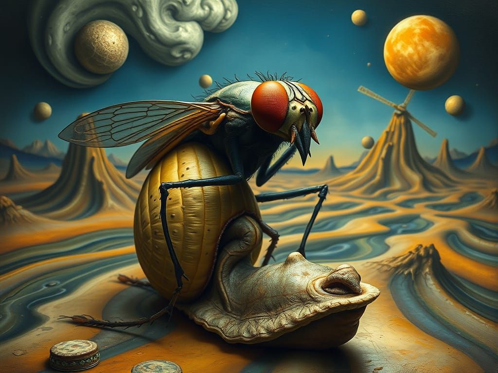 Surreal Fly-Snail Hybrid in Melting Dream Landscape