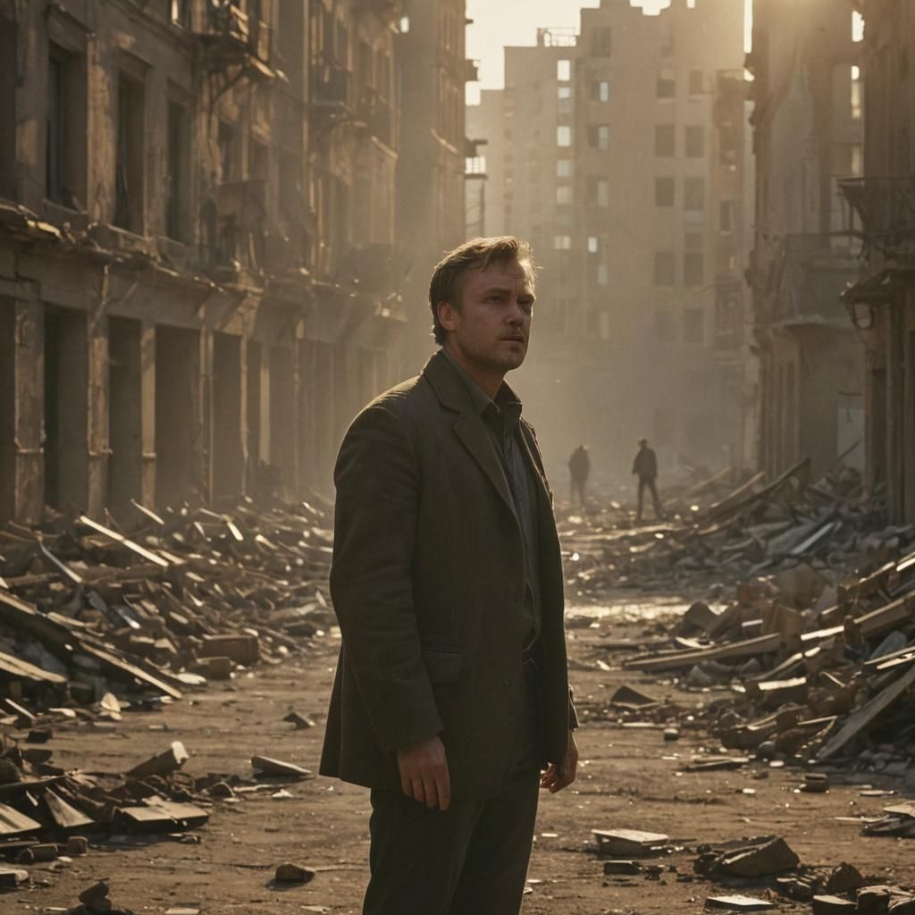 Powerful Leader Stands Tall in Ruined Cityscape in Cinematic...