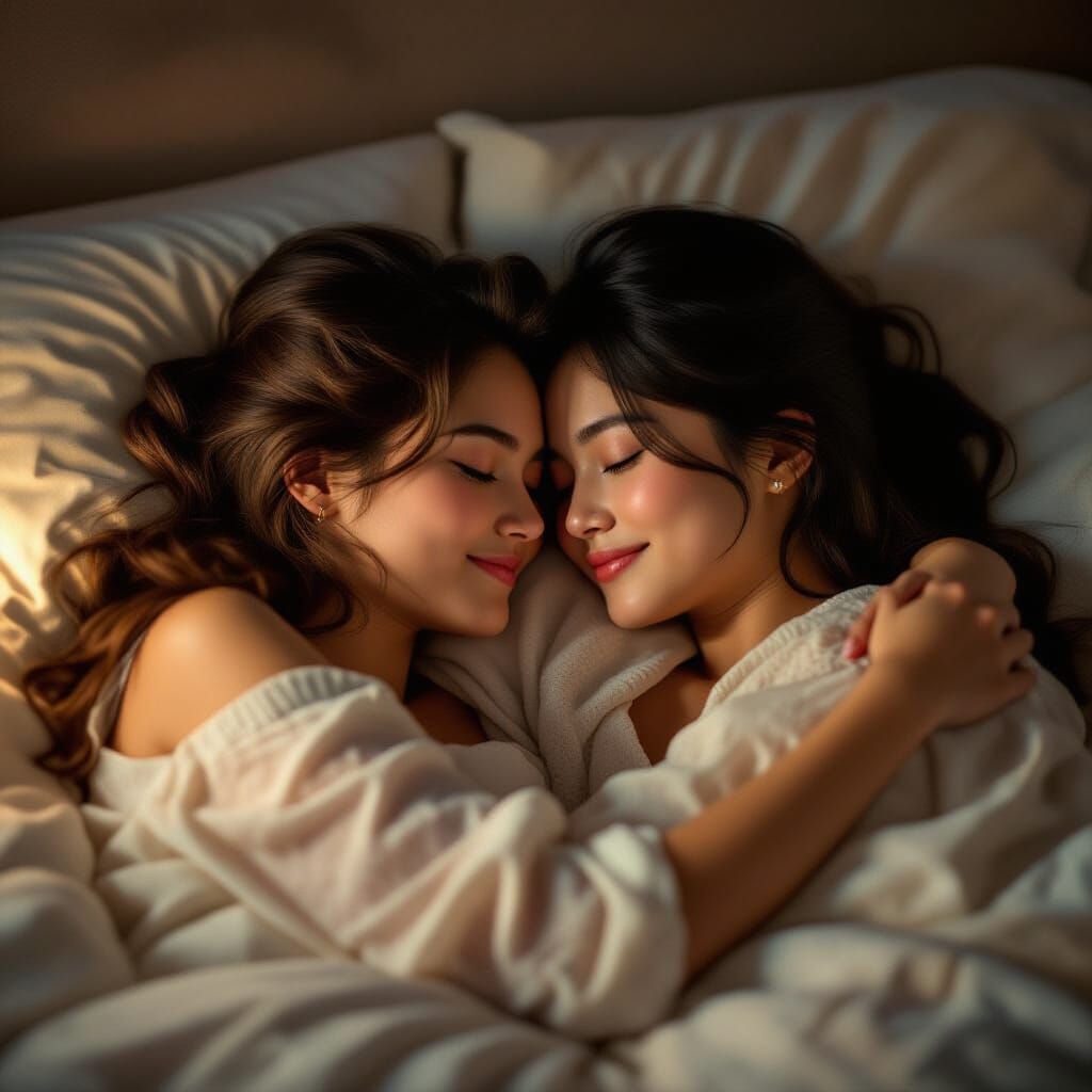 Girls Embrace in Warm Cinematic Lighting