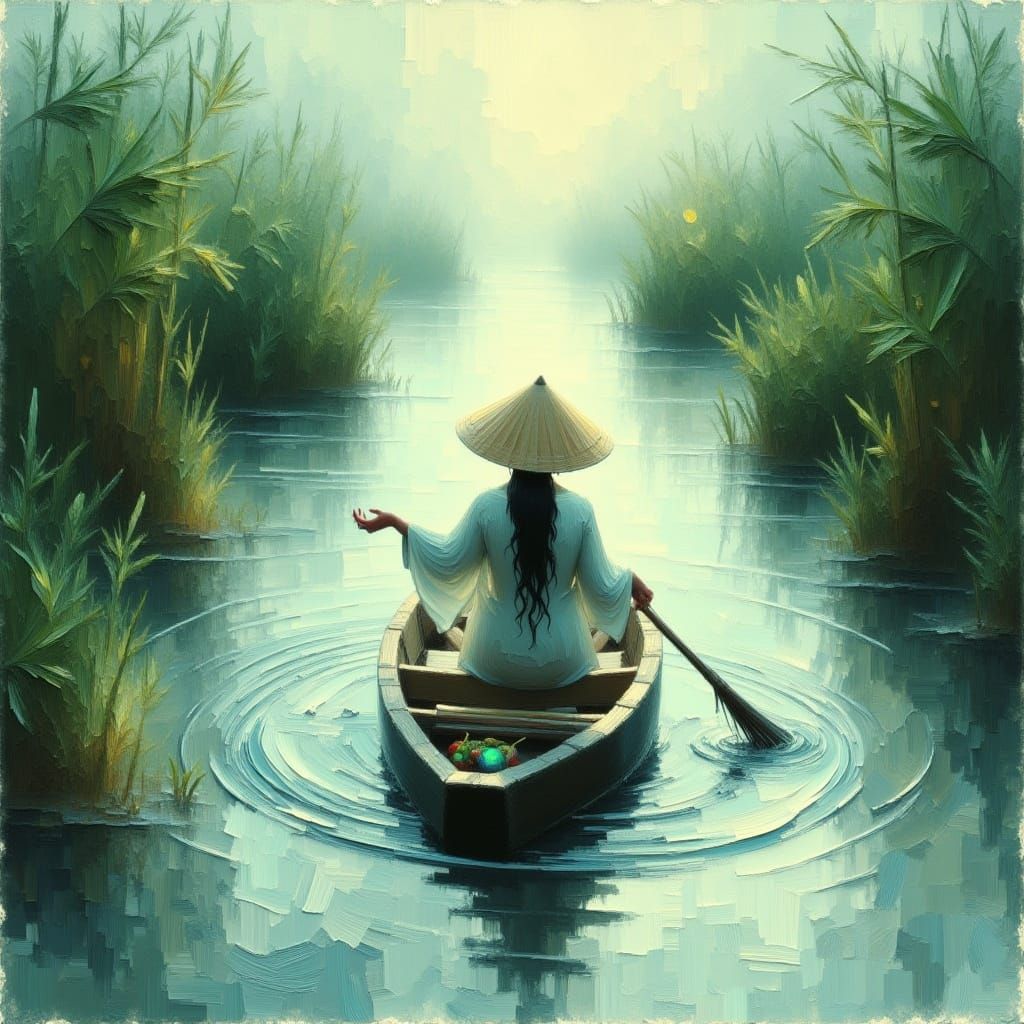 Ethereal Fisherwoman Adrift in Serene River Landscape