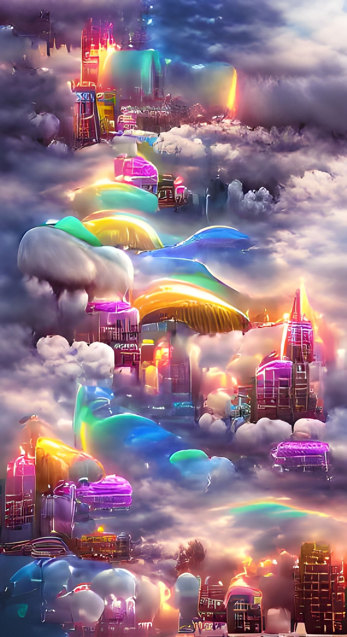 Rainbow Fantasy City in the Clouds: 8K Iridescent Art