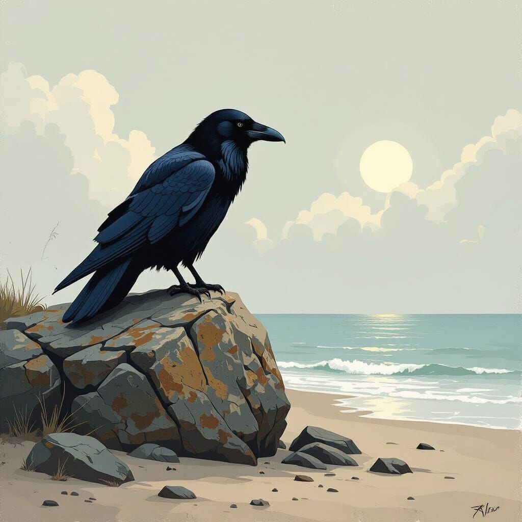 Raven on Beach Rock, Surrealist Style