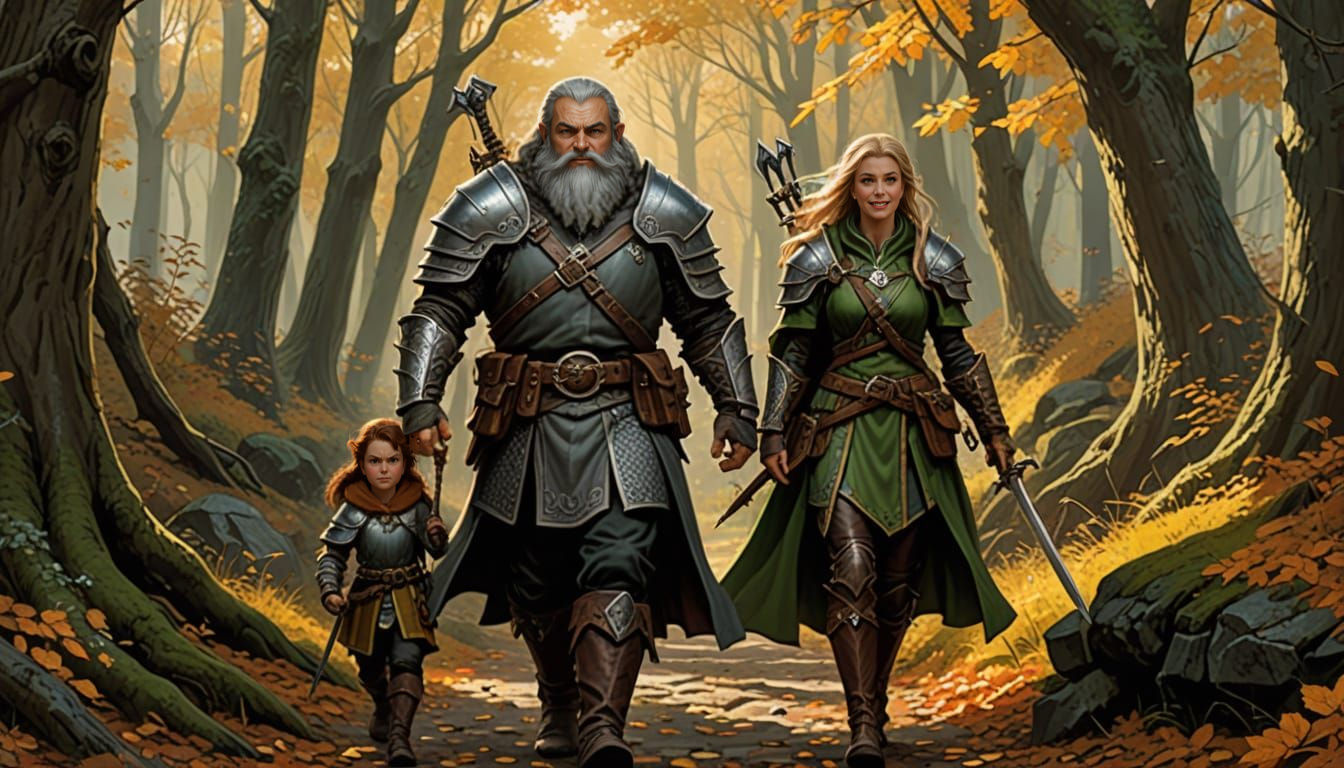 Dwarf and Elf on Autumn Path in Faerun