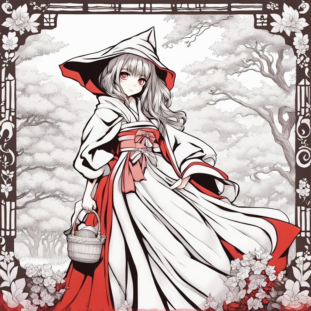 Monochrome Little Red Riding Hood Geisha Coloring Page