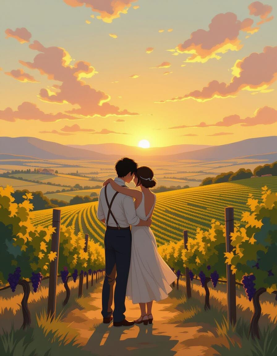 1920s Couple Embrace in Anime Sunset