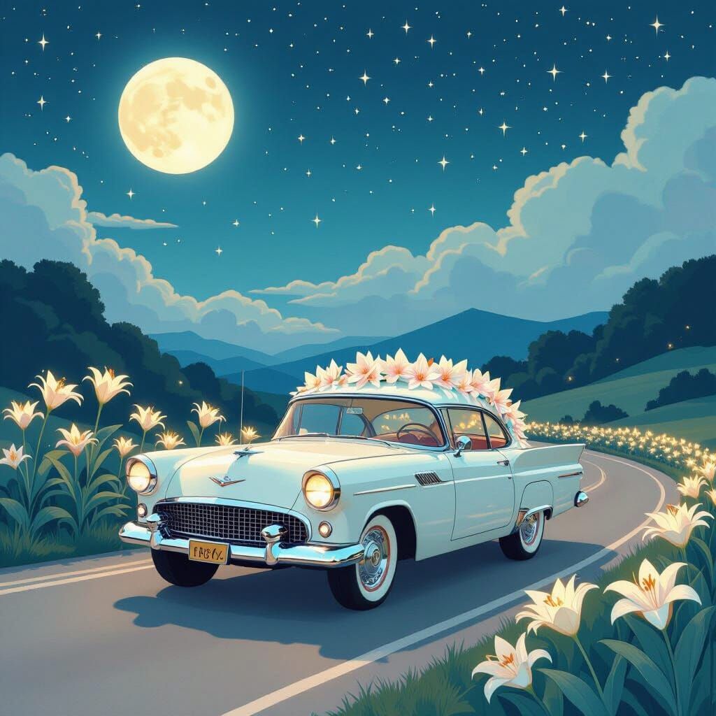 Origami Flower Car on Winding Road in Art Nouveau Style