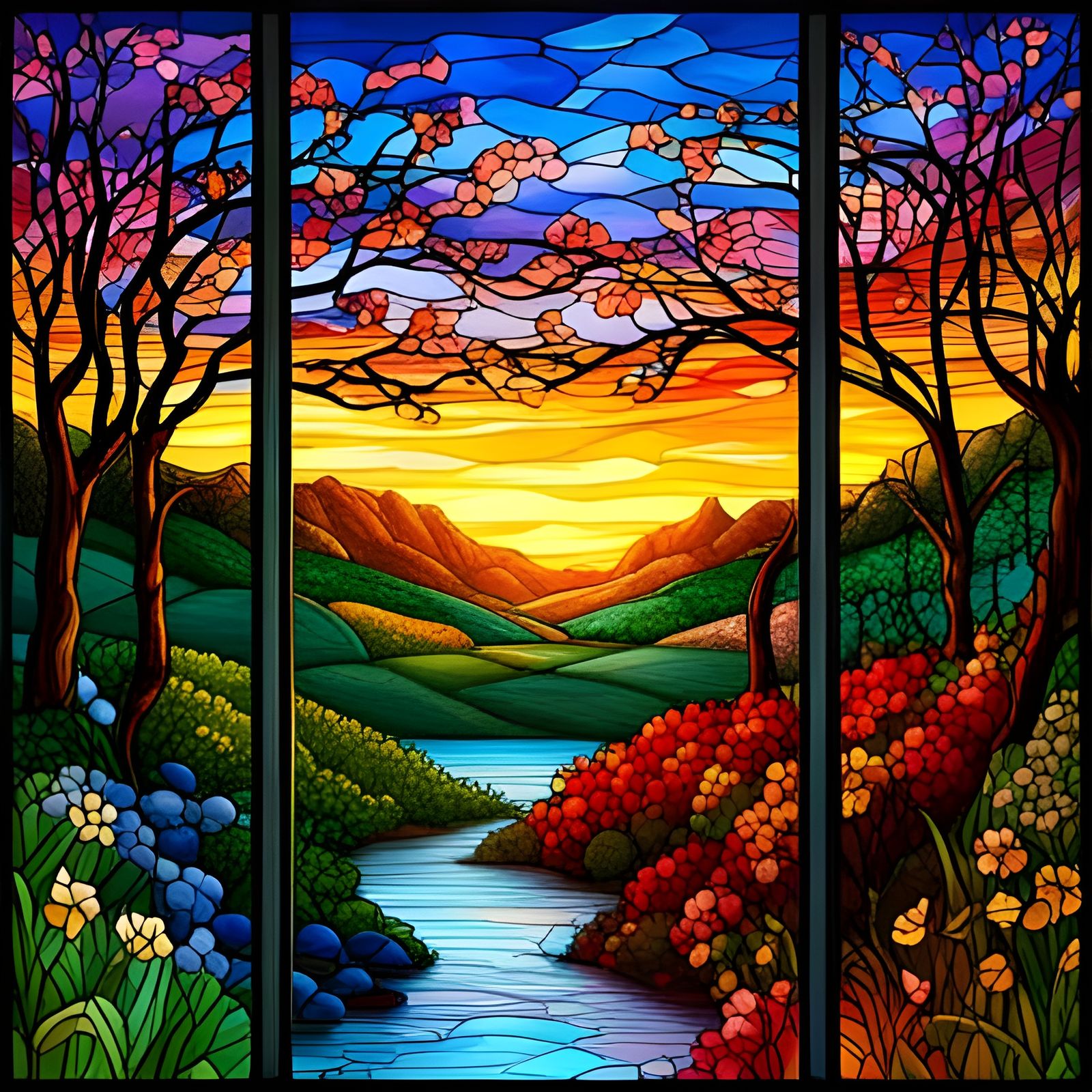 Brilliant Stained Glass Four Seasons Landscape