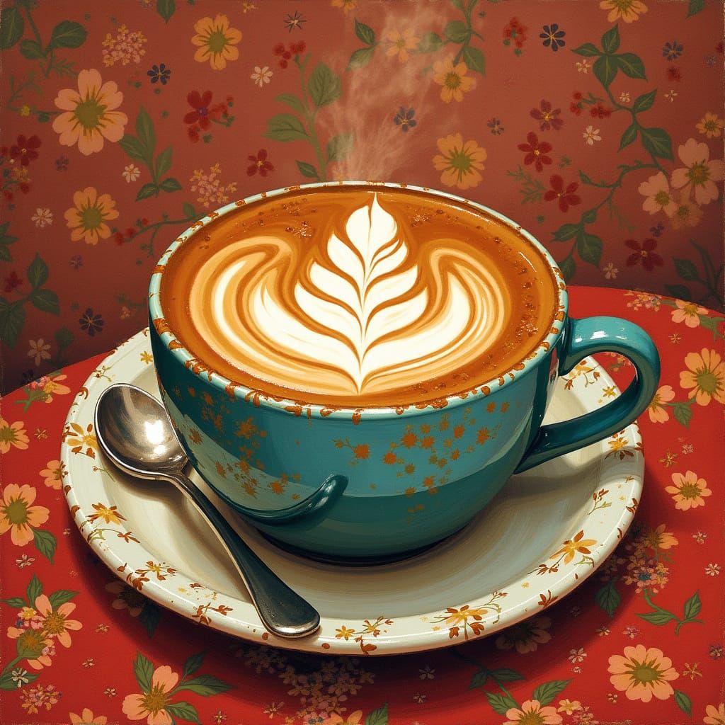 Cozy Coffee with Intricate Foam Art Nouveau Style