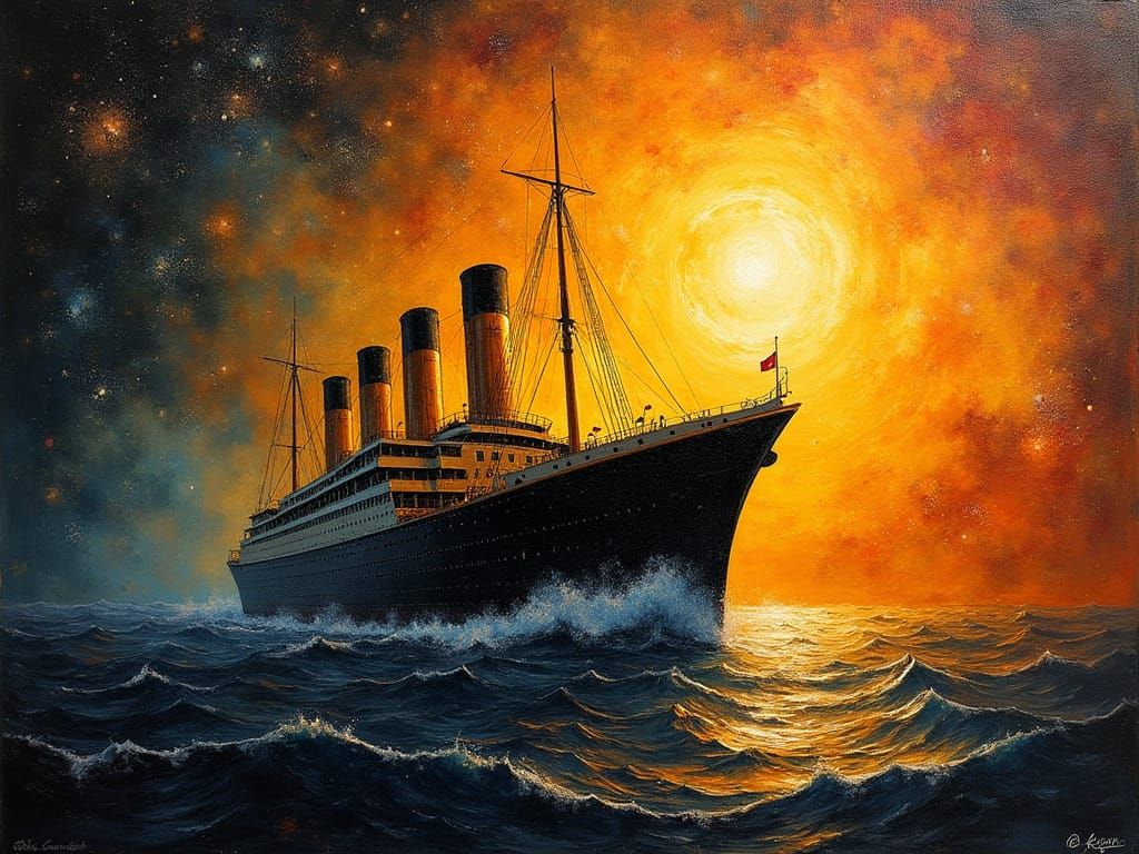 Titanic Ship on Celestial Sea: Art-Brut Oil Painting