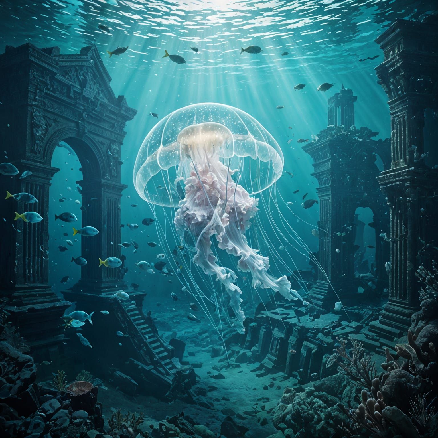 Bioluminescent Jellyfish in Sunken City Ruins