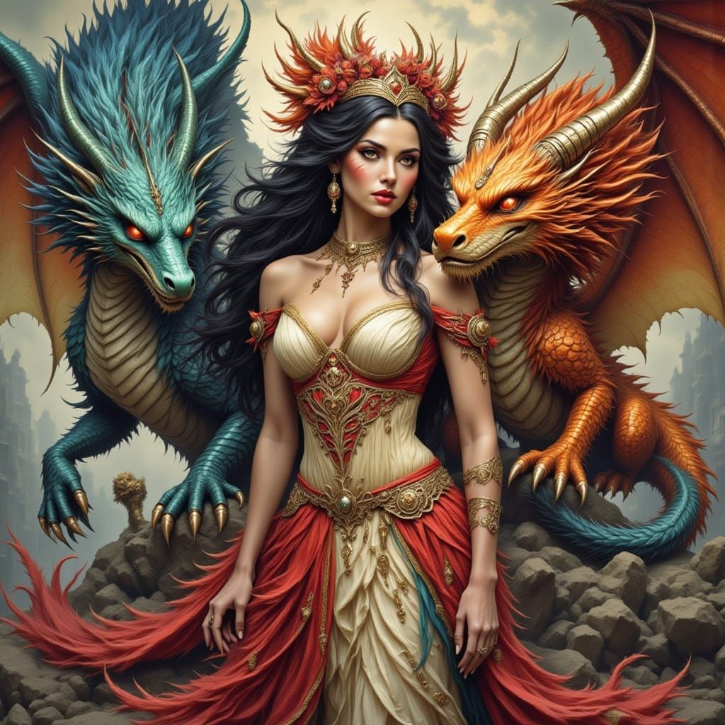 Woman With Two Winged Dragons in Fantastical Style