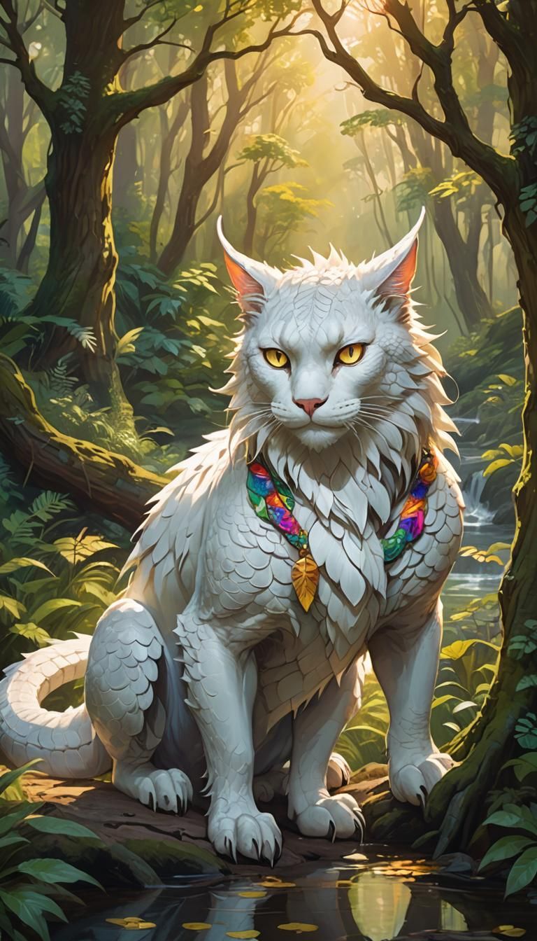 Dragon Cat Visits Forest in Oil Painting Style
