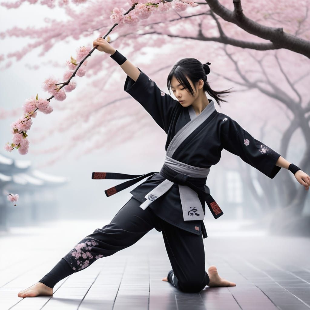 Sleek Ninja Girl in Cherry Blossom Whirlwind