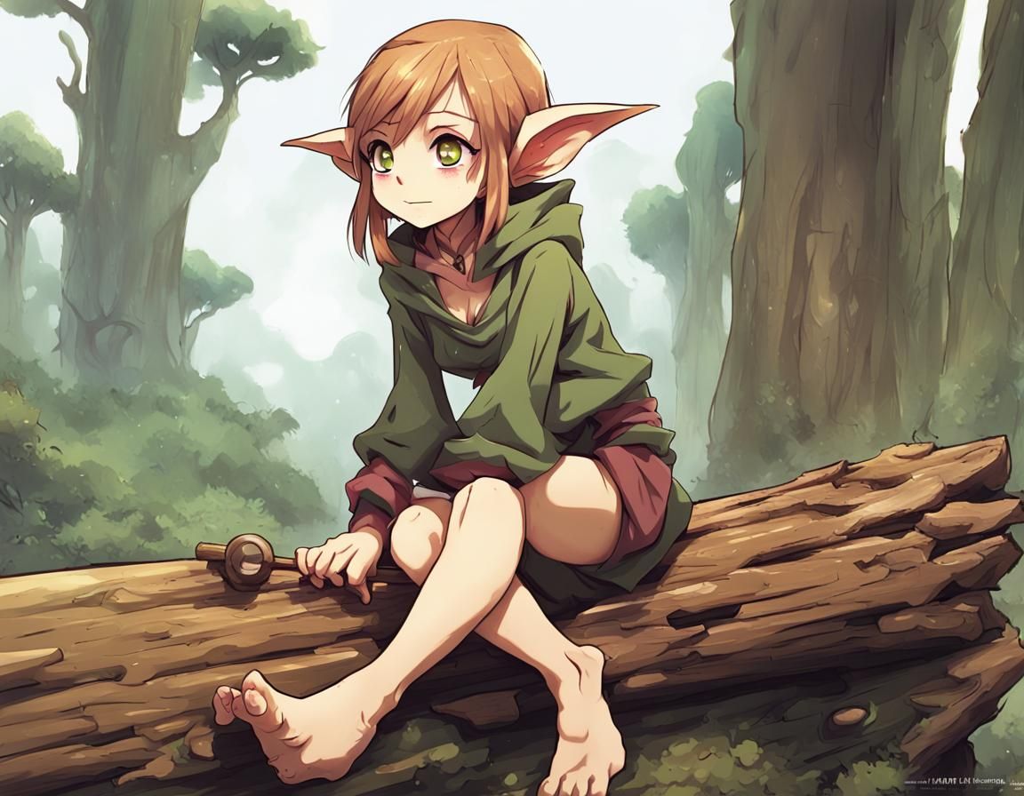 Anime Style Goblin Girl on Log