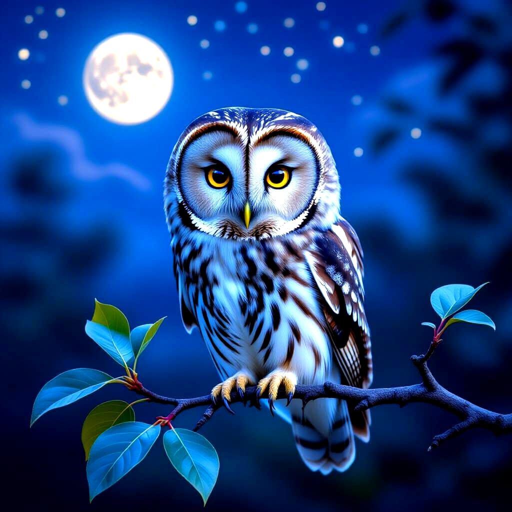 Wise Owl on Branch Under Starry Night Sky, Photorealistic