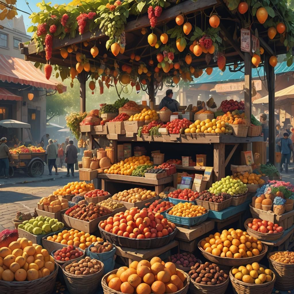 Fantasy Market Scene with Fruits and Flowers