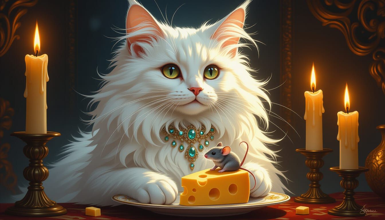Majestic Cat Feeds Mouse Cheese in Golden Candlelight